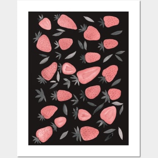 Watercolors strawberries - dusty pink and teal on dark background Posters and Art